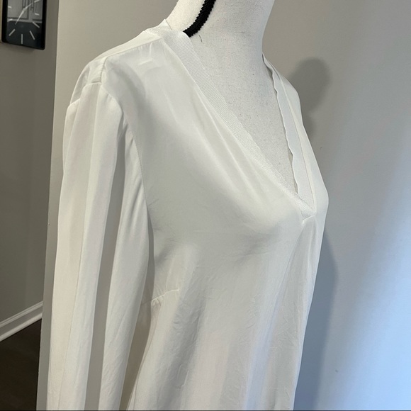 Lafayette 148 Wyatt Knit Trim Matte Silk Blouse In Cloud White Size Larg… - Picture 6 of 11